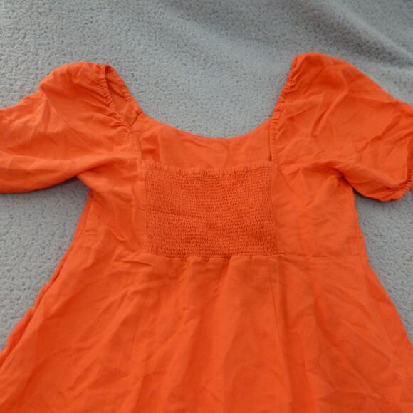 Loft Dress Womens 10 Orange Smocked Puff Sleeves Linen Blend Slit Long - Picture 4 of 10